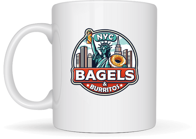 White mug featuring a graphic of the Statue of Liberty holding a bagel, set against the NYC skyline, with text "Authentic New York Bagels & Burritos in Spain. White mug featuring a graphic of the Statue of Liberty holding a bagel, set against the NYC skyline, with text "Authentic New York Bagels & Burritos in Spain.